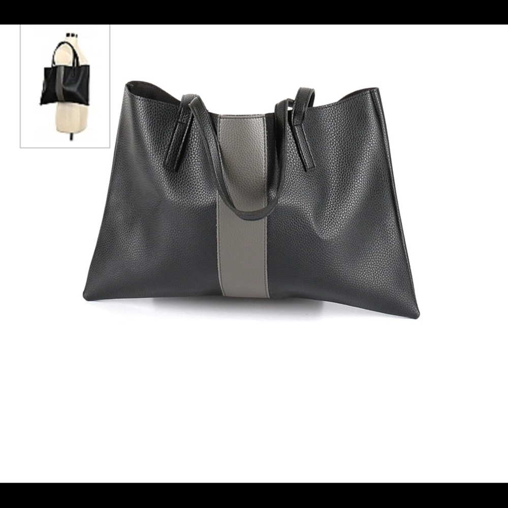 Vince Camuto | Black Leather Gray Stripe Pebble Shoulder Carry Tote Bag SALE NWT